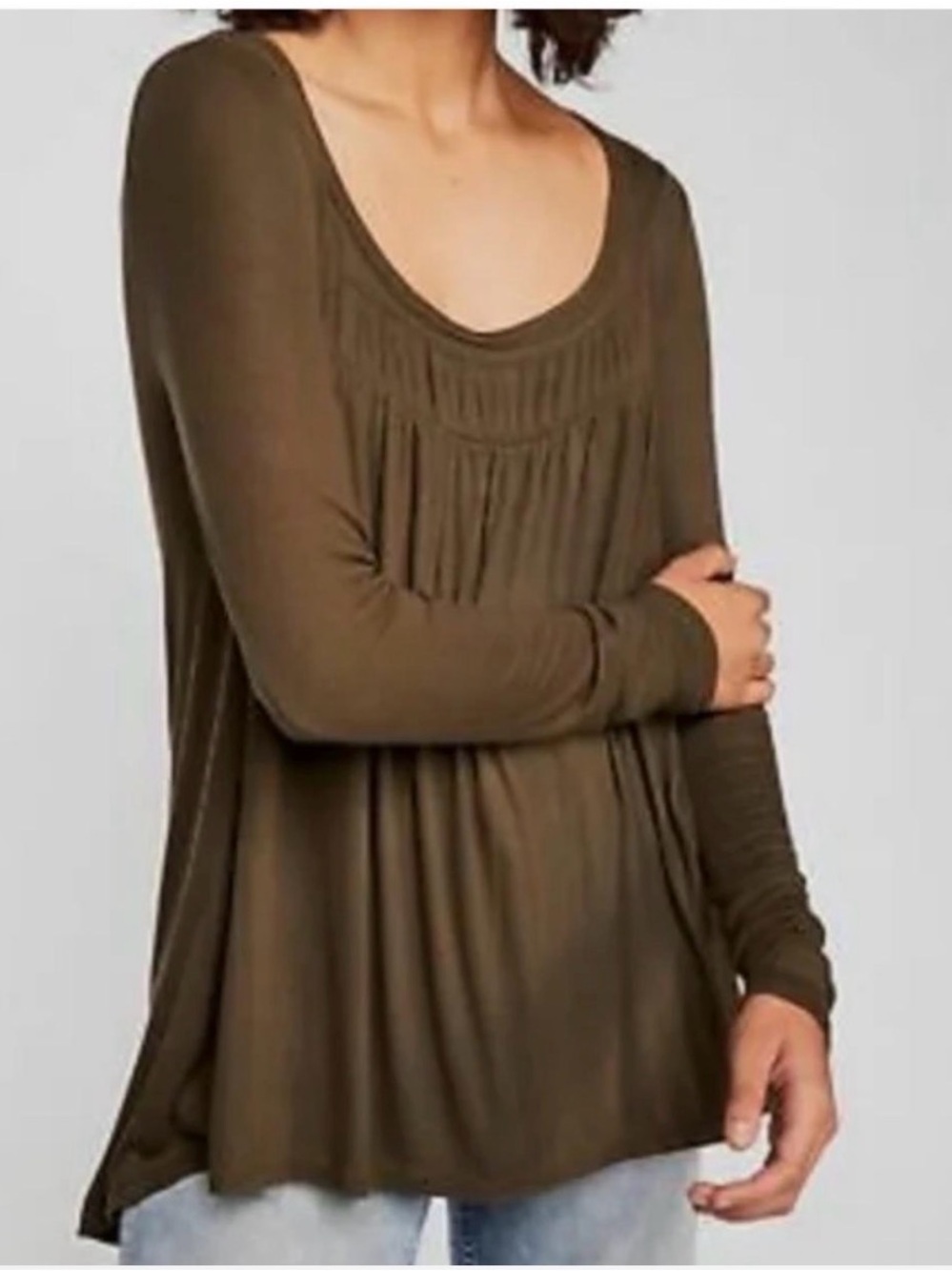 Free People Love Valley Top Olive Green Long‎ Sleeve Tunic Large